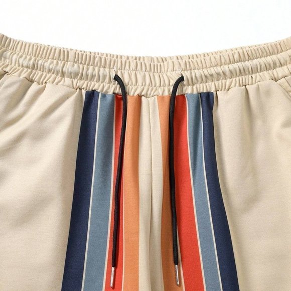 Khaki Casual Mens Striped Print Drawstring Waist Shorts - Picture 4 of 5